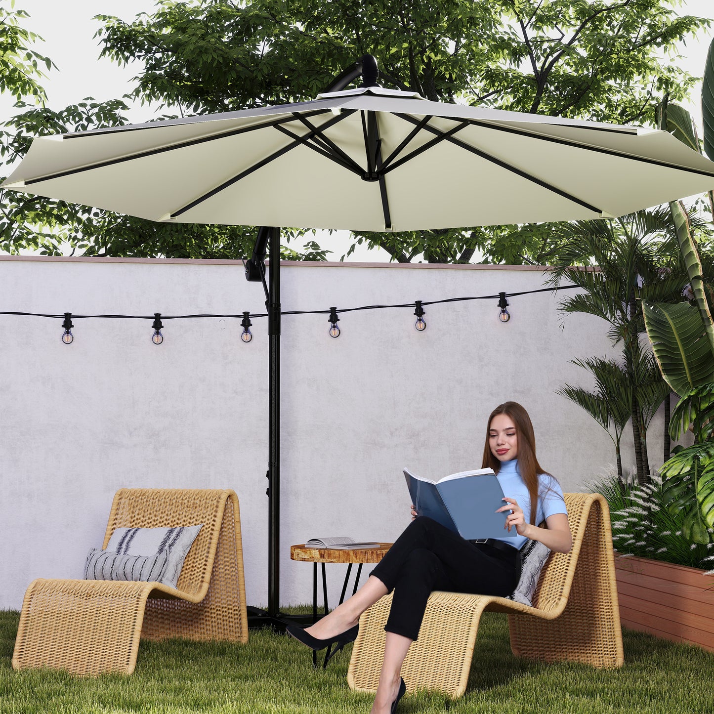 Parasol à contre-bras pour balcon 300 cm 350 cm avec manivelle, parasol de jardin, parasol de terrasse, parasol à manivelle avec protection UV pour jardin et terrasse