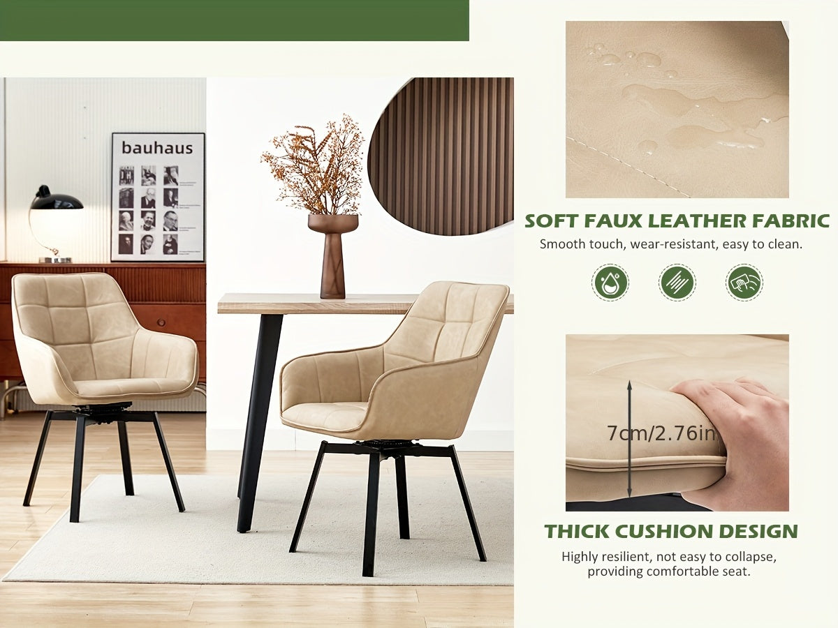 Lot de 2 chaises de salle à manger, fauteuils pivotants à accoudoirs en simili cuir avec assise rembourrée épaisse et pieds en métal, fauteuils de détente rotatifs pour la maison, la cuisine, la réception de bureau, le restaurant