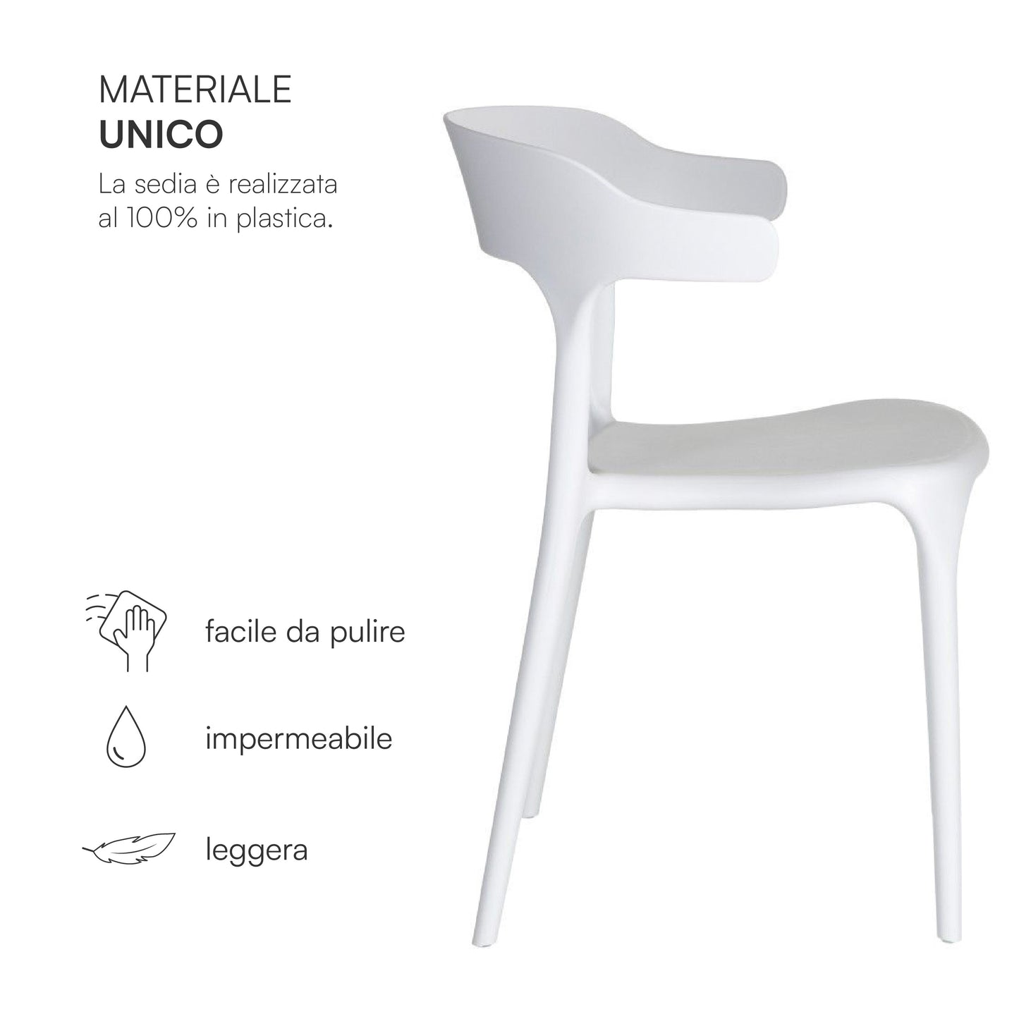 Baroni Home Lot de 4 chaises en plastique blanc – Empilables, prêtes à l'emploi sans assemblage requis, faciles à nettoyer, avec pieds antidérapants pour une stabilité accrue – Idéales pour cuisine, salon, salle à manger, jardin, terrasse ou balcon – Assi