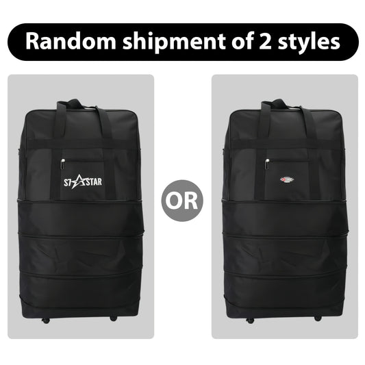 un sac de voyage pliable noir à roulettes, fabriqué en tissu Oxford léger, offrant un espace ample pour des activités comme le camping, la randonnée, les vacances en famille, le sport, les voyages de fin de semaine, le shopping et le déménagement