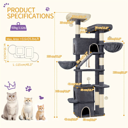 Grand Griffoir pour Chat 185 cm Stable avec 6 Poteaux à Griffer, 3 Grotto, 2 Plateformes d'Observation, 2 Paniers, 4 Balles en Peluche, Griffoir Multiniveau pour Chat