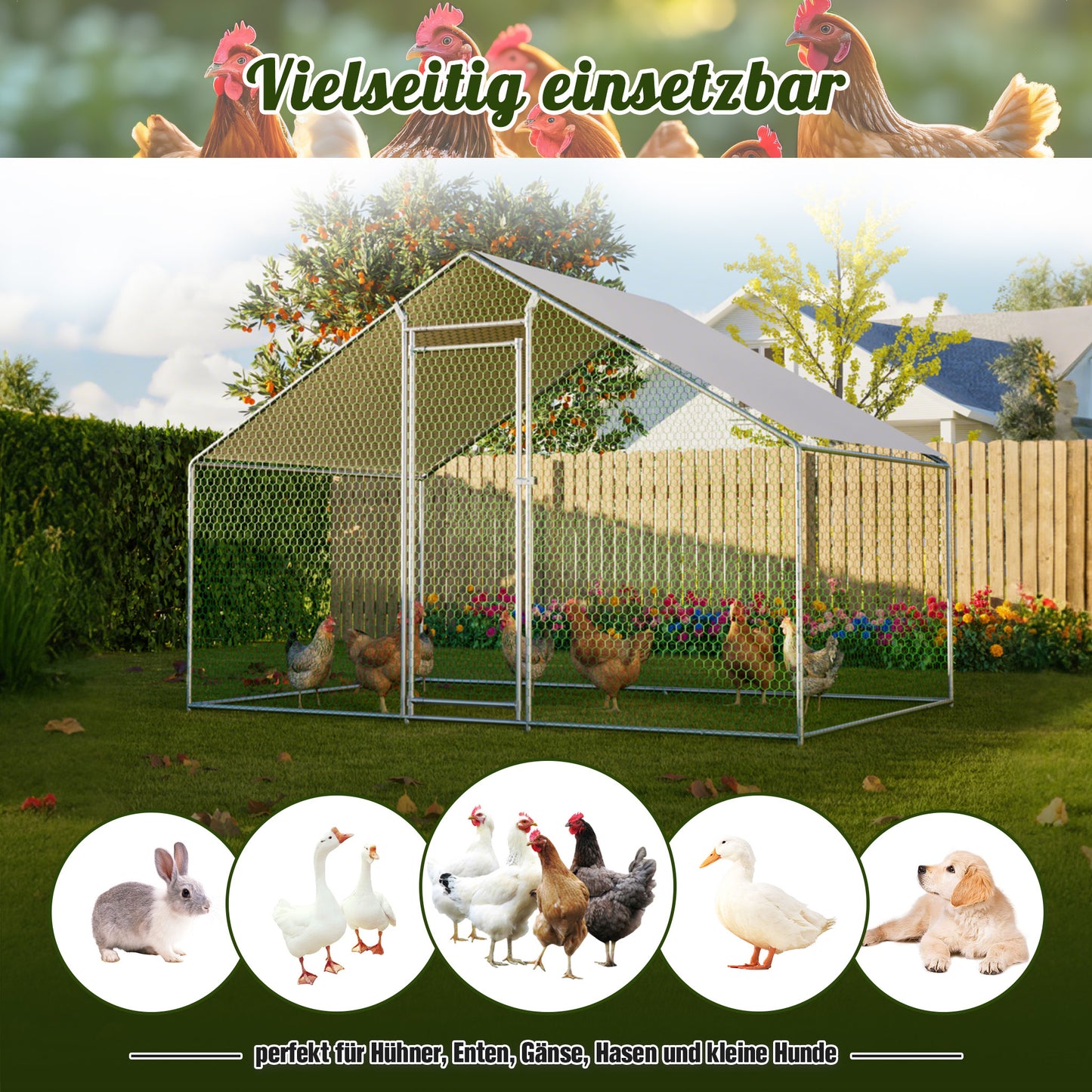 Poulailler 3X2M Cage à Poulets Enclos Extérieur pour l'Élevage en Liberté, Enclos Extérieur avec Serrure de Sécurité, Filet Revêtu et Toit en PE, Enclos pour Poulets, Canards, Lapins et Autres Petits Animaux.