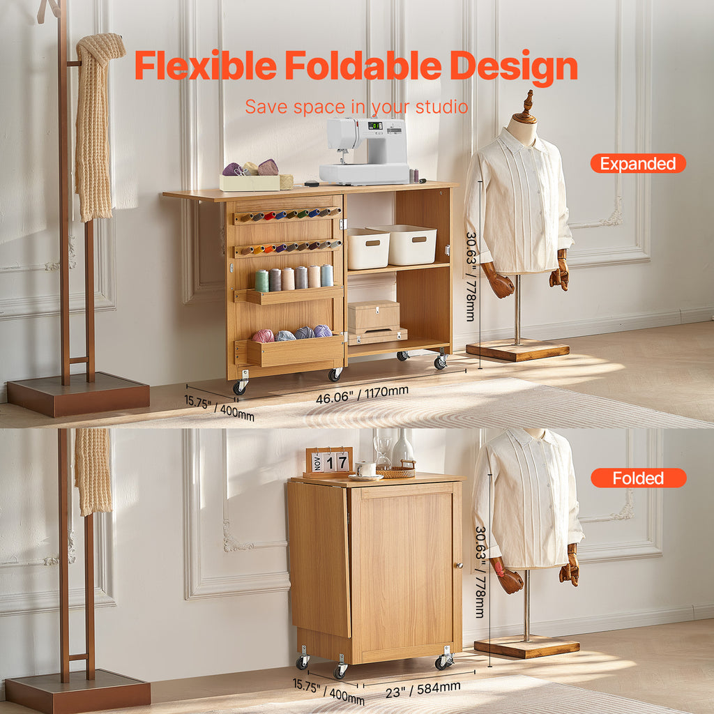Table à Coudre Pliable VEVOR avec Roues Verrouillables, Étagères, Plateaux et Porte en Bois
