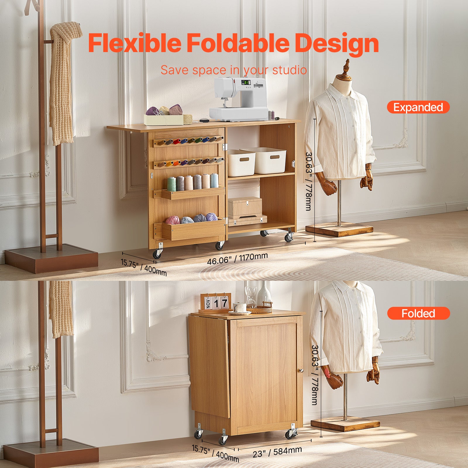 Table à Coudre Pliable VEVOR avec Roues Verrouillables, Étagères, Plateaux et Porte en Bois
