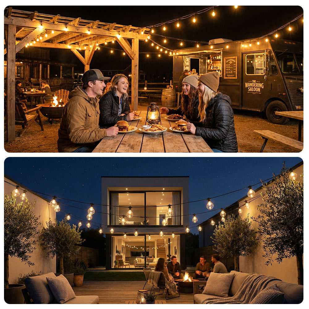 Guirlande Lumineuse Solaire d'Extérieur, 15,25M/20,13M/30,49M, Lumières LED pour Terrasse, Minuterie à Intensité Variable, 8 Modes d'Éclairage Réglables, Lumière Blanc Chaud Réglable, pour Jardin, Cour, Tonnelle, Porche, Fête, Mariage