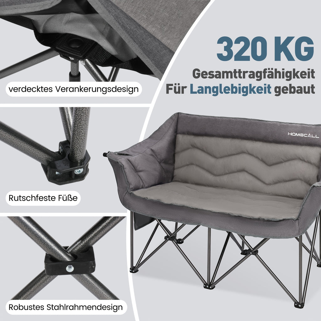 1 pièce Chaise de camping extra-large légère 7 kg, canapé de camping pliable, chaise carpe, canapé de camping double, banc de camping XXL pour 2 personnes, grande capacité 320 kg, avec 2 porte-gobelets, poche latérale. Idéale pour la plage, le camping ou