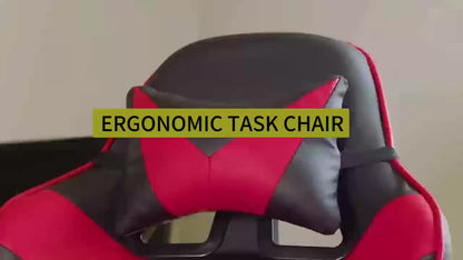 Chaise de Gaming Ergonomique avec Repose-Pieds - Pivotante à 360°, Réglable en Hauteur, Support Lombaire, Mécanisme d'Inclinaison Manuelle, Texture Simili, Rembourrage en Mousse et Cadre en Acier Inoxydable - Pour PC/Bureau