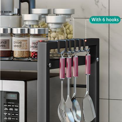 Étagère Micro-ondes Devesanter, Étagère de Cuisson Extensible 3 Niveaux avec 6 Crochets, 3 Porte-Serviettes et 1 Porte-Planche à Découper. Idéale pour Étagères de Cuisine, Étagères à Épices et Rangement de Micro-ondes. Noir. S'étend de 40 cm à 64 cm