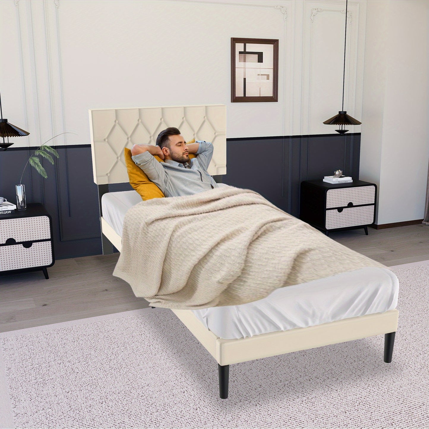 Lit de 90/140/160 x 200 cm en Similicuir avec Tête de Lit et Plateforme, Cadre de Lit Matelassé Beige pour Chambre à Coucher