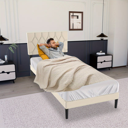 Lit de 90/140/160 x 200 cm en Similicuir avec Tête de Lit et Plateforme, Cadre de Lit Matelassé Beige pour Chambre à Coucher