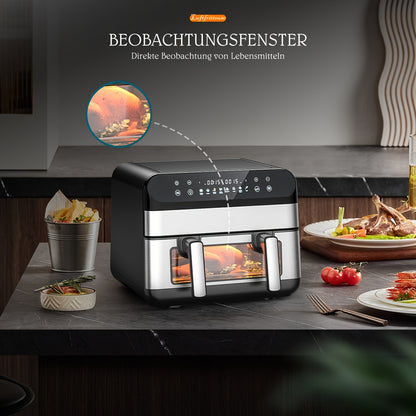 Friteuse à air 10L avec fenêtres d'affichage faciles - Friteuse à air XXL 8 en 1 avec panier flexible, séparateur pour double cuisson, finition synchronisée, panier lavable au lave-vaisselle, double friteuse à air numérique - Noir