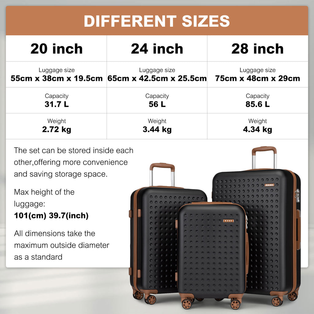 Ensemble de 4 Valises Légères en ABS Kono avec 4 Roues - 20", 24", 28" + Valise Beauté 14
