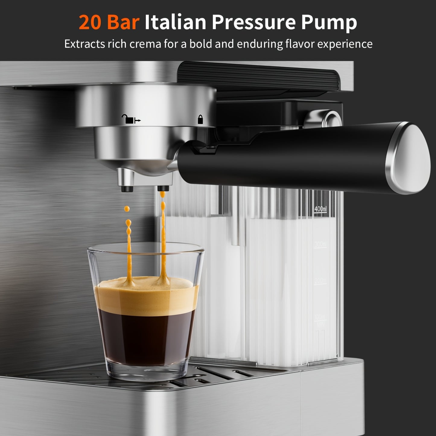 Machine à café espresso, 20 bars de pression, réservoir d'eau 1,8 L, mousseur à lait automatique, système à double chaudière, écran LCD, choix parfait pour la préparation de café à la maison, idéale pour préparer un espresso, cappuccino et latte authentiq