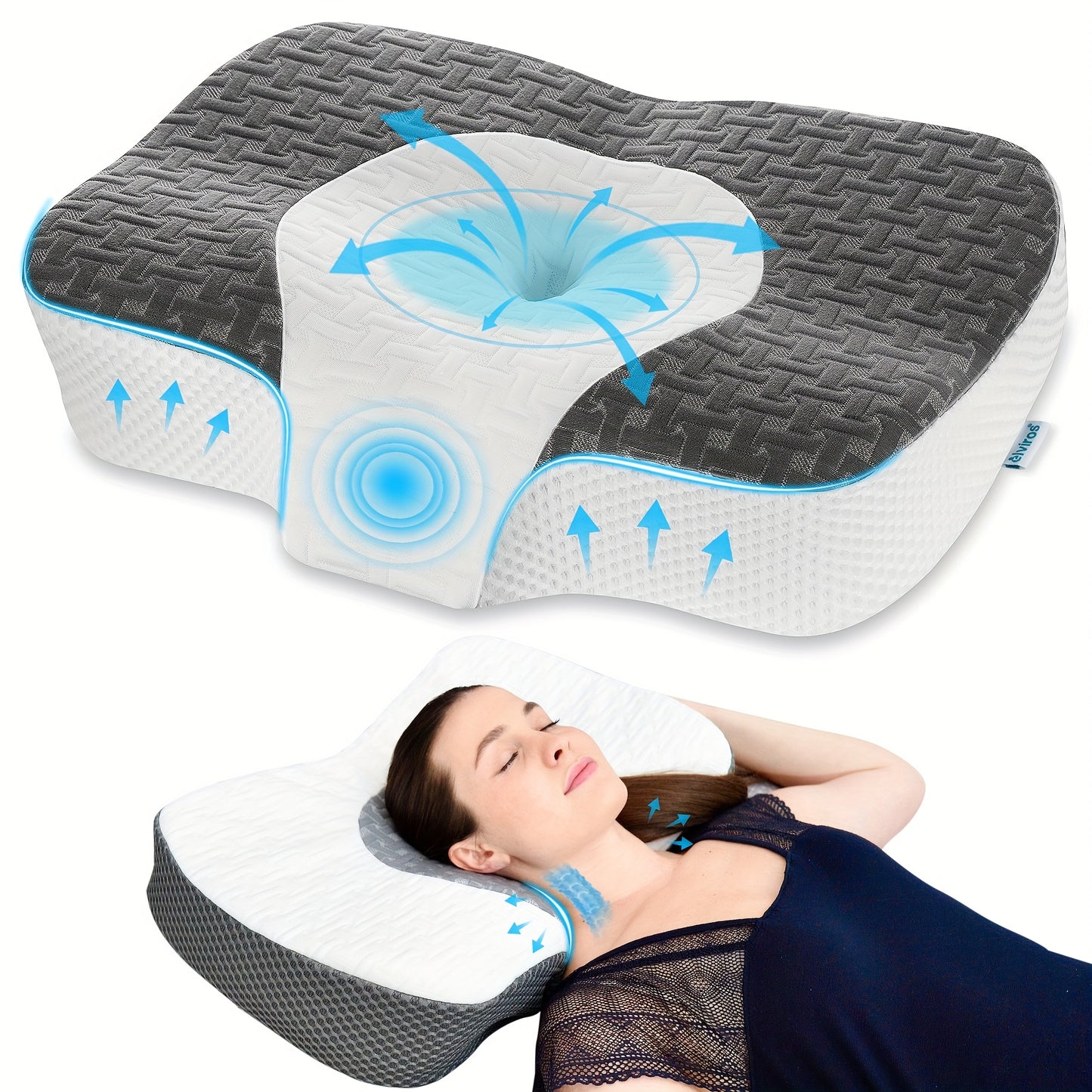 Oreiller en Mousse Mémoire Elviros pour Dormir, Oreiller Contour Réglable, Oreillers Ergonomiques pour Dormeurs sur le Côté, le Dos et le Ventre