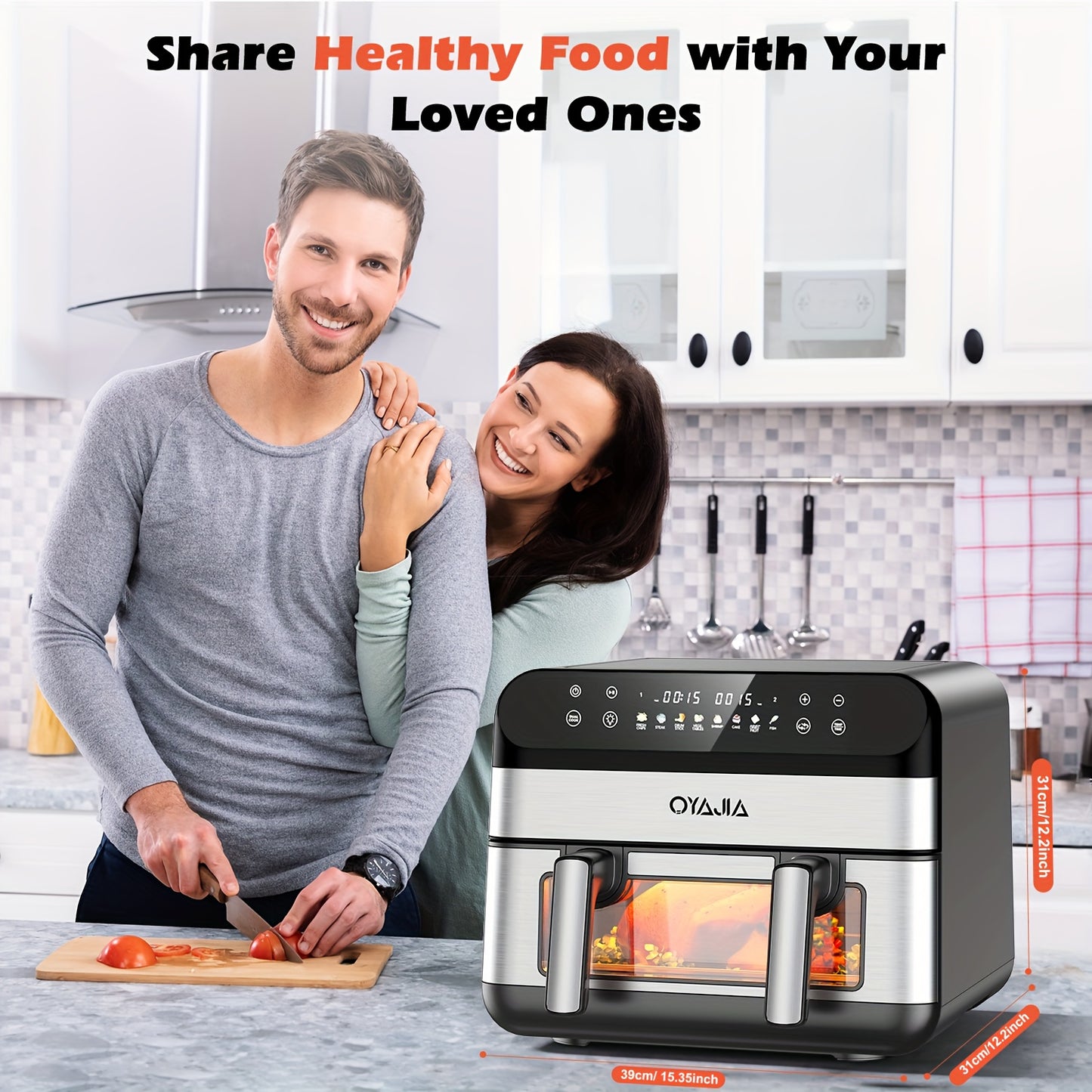 Friteuse à air 10/11L avec deux paniers flexibles, écran tactile numérique, 8 modes de cuisson, température réglable, fenêtre de visualisation, lavable au lave-vaisselle et technologie de cuisson saine pour les familles et la préparation des repas