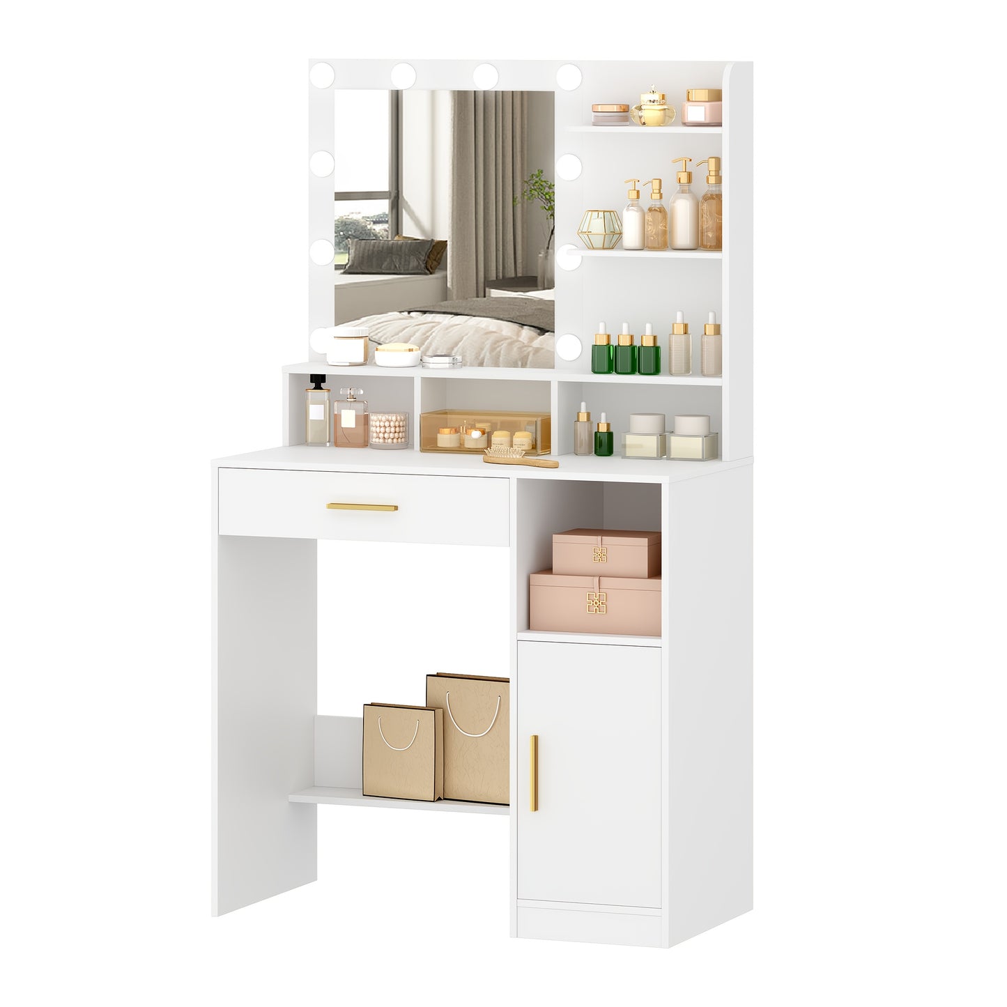 Coiffeuse avec Miroir et 10 Lumières LED, Coiffeuse avec 3 Étagères et 4 Compartiments Ouverts, Coiffeuse avec Grand Tiroir et Placard, 3 Niveaux d'Éclairage Réglables, Blanc, Gris Beige