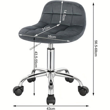 Tabouret de bureau 1x avec roulettes, chaise de coiffeuse à hauteur réglable, tabouret à bascule à roulettes avec dossier bas, tabouret de travail, hauteur d'assise 43,5-55 cm, velours