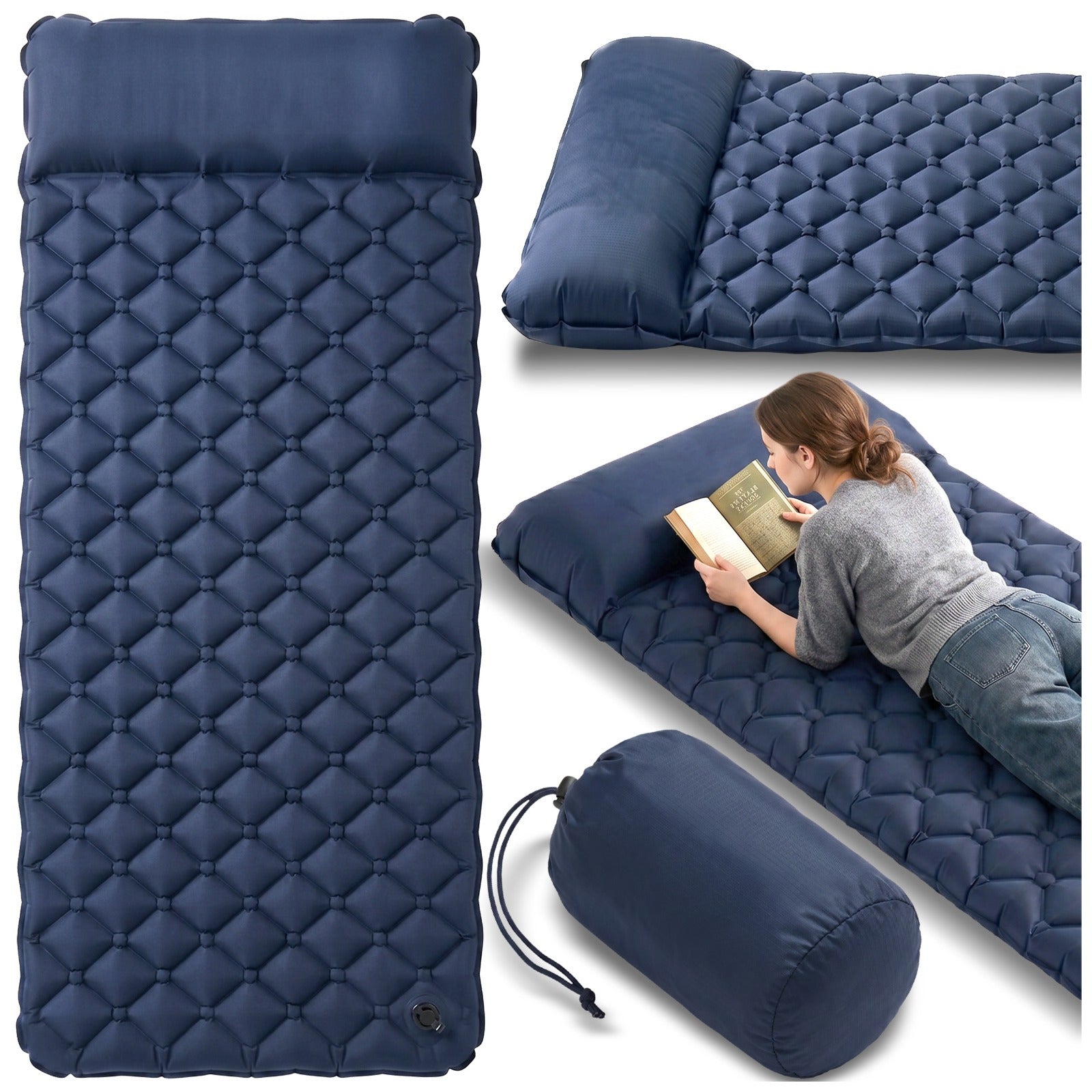 Matelas Gonflable Simple Touristique TOUROIST 190X58X5Cm XXL. Matelas Gonflable et de Camping Léger Karimata en Bleu Marine. Matelas de Camping Durable avec Garnissage Ergonomique en losange. Matelas Gonflable Simple pour Tente avec Oreiller Profilé. Mate