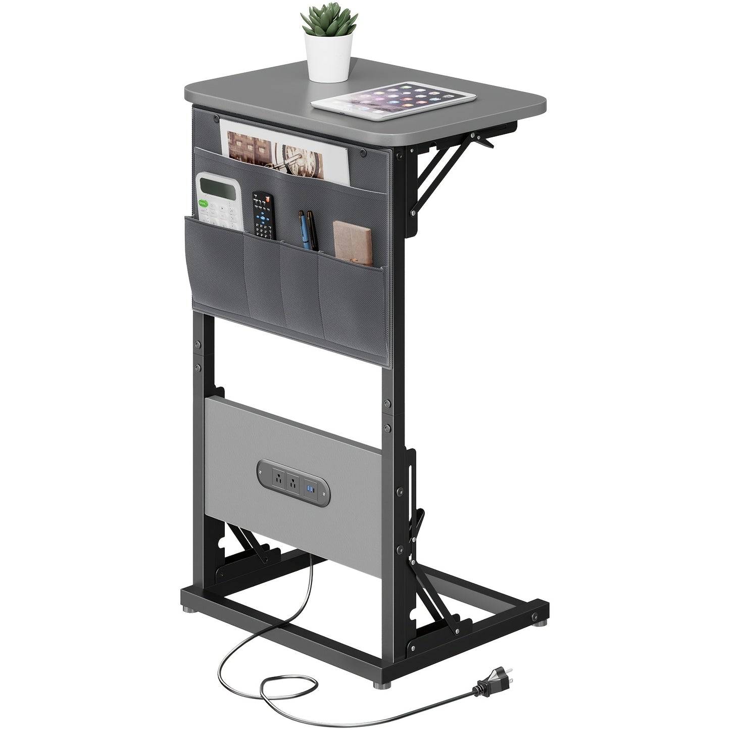 Table d'appoint en forme de C, table à manger pliable et plateau TV avec prises intégrées, table d'appoint pliable peu encombrante pour canapé, fauteuil inclinable, salon et chambre à coucher