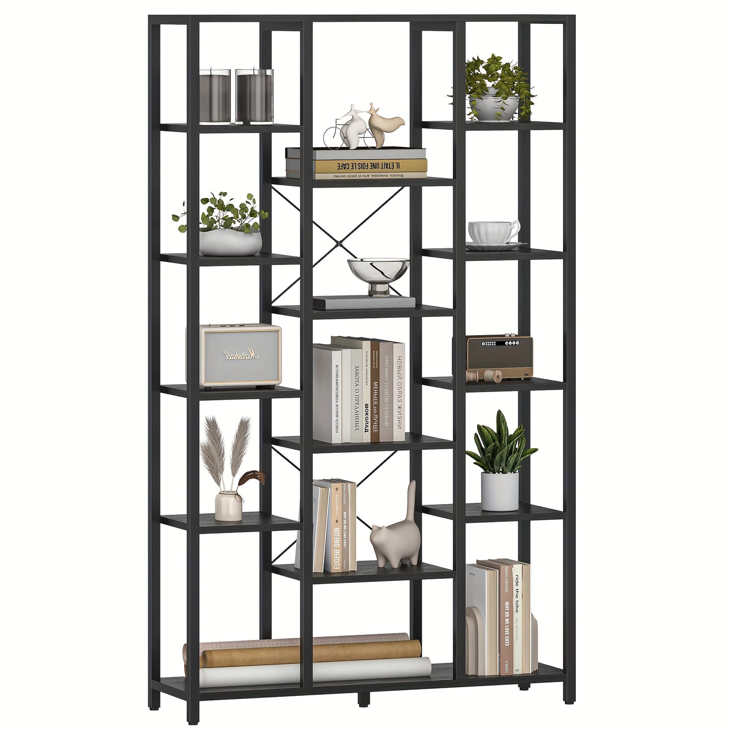Bibliothèque, étagère sur pied à 6 niveaux, 15 étagères, étagères ouvertes réglables, pour salon, bureau, chambre à coucher, 30 X 100 X 170 Cm, Brun-noir vintage/Noir avec grain de bois