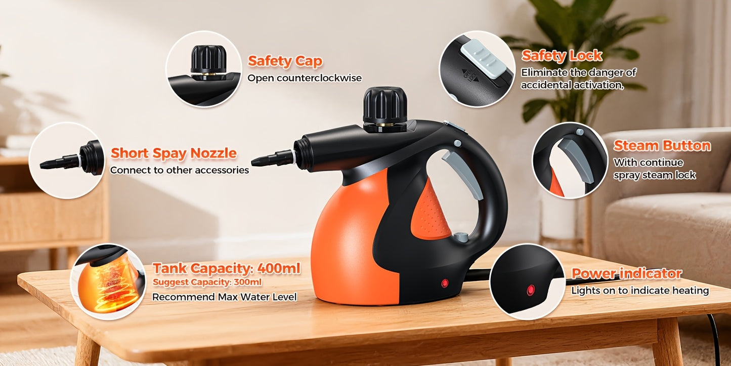 Nettoyeur Vapeur Portable Lubluelu 1200W, Nettoyeur Vapeur avec Plusieurs Accessoires et Verrou de Sécurité, Grande Capacité de 400ml, Vapeur Naturelle pour Nettoyage de Surfaces, Vapeurisateur Polyvalent pour Maison, Voiture, Salle de Bain, Graisse (Oran