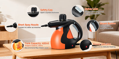 Nettoyeur Vapeur Portable Lubluelu 1200W, Nettoyeur Vapeur avec Plusieurs Accessoires et Verrou de Sécurité, Grande Capacité de 400ml, Vapeur Naturelle pour Nettoyage de Surfaces, Vapeurisateur Polyvalent pour Maison, Voiture, Salle de Bain, Graisse (Oran