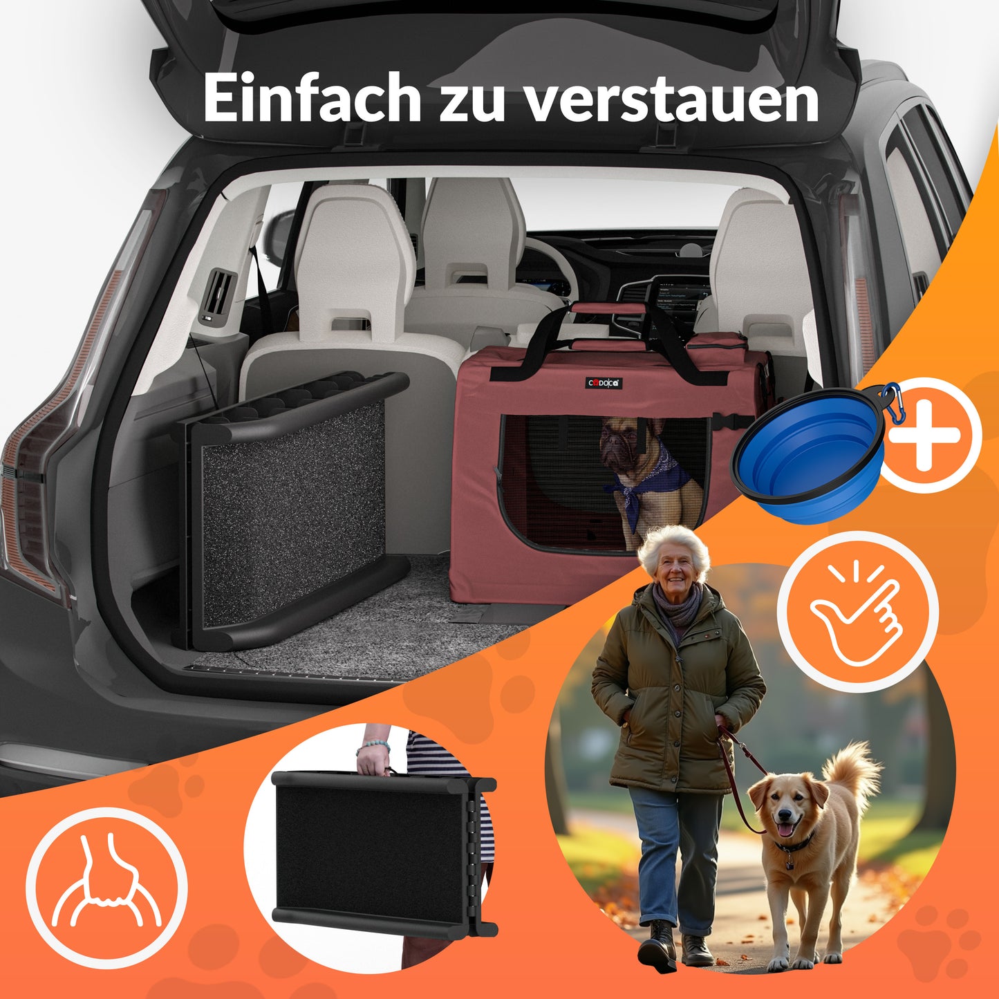 CADOCA® Rampe pour Chien Pliable Auto 90KG Compacte 156X40Cm Poignée de Transport Boucle de Sécurité Réflecteurs Gamelle d'Eau Chien Chat Antidérapant Aide à l'Entrée Facile
