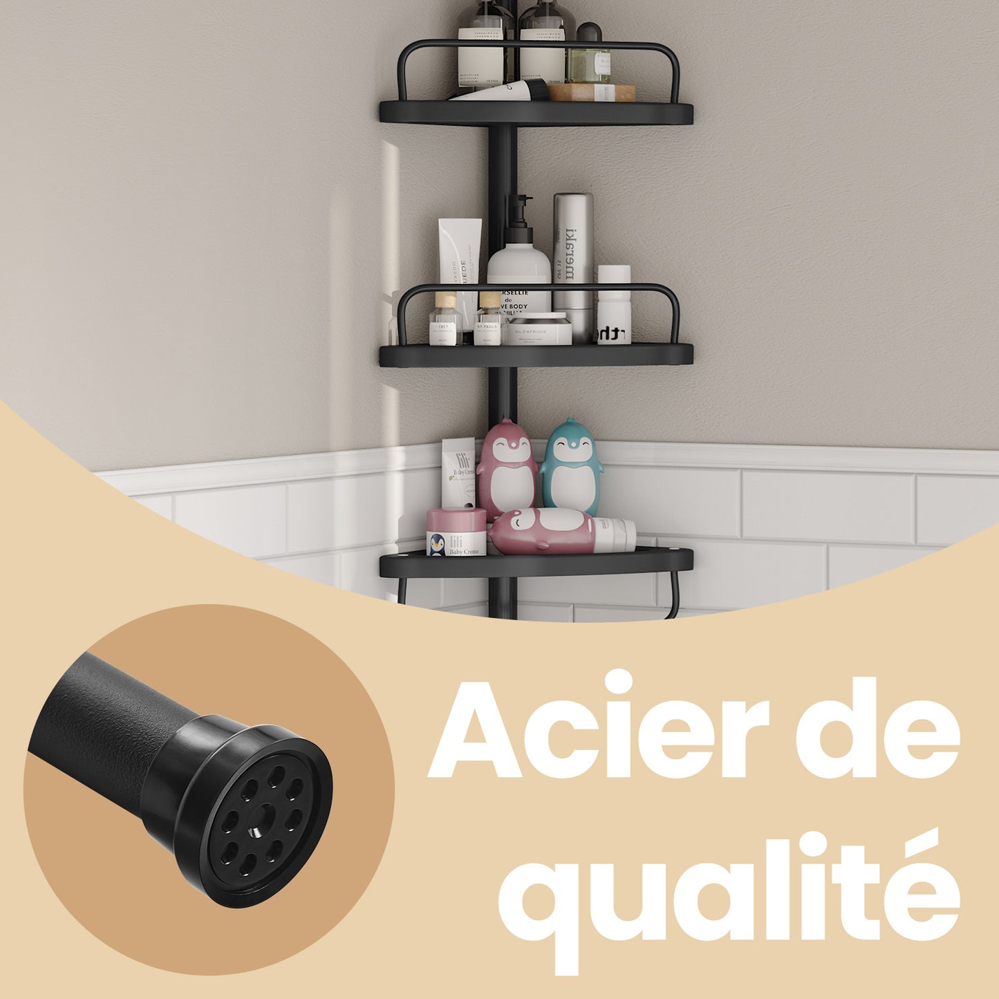 Étagère de Douche Réglable en Hauteur, 4 Niveaux, Hauteur 85 à 305 cm, Rangement de Salle de Bain