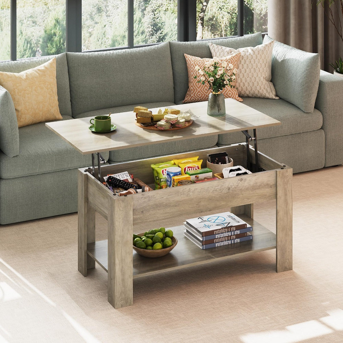 Table Basse Réglable en Hauteur avec Étagère, Table de Salon Rectangulaire avec Espace de Rangement Ouvert et Caché, Table de Salon pour Salon, Chambre à Coucher