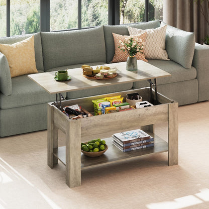 Table Basse Réglable en Hauteur avec Étagère, Table de Salon Rectangulaire avec Espace de Rangement Ouvert et Caché, Table de Salon pour Salon, Chambre à Coucher