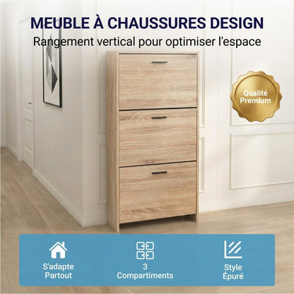 Meuble à chaussures avec 3 compartiments à abattant, armoire de rangement en bois pour jusqu'à 18 paires, organisateur d'entrée peu encombrant