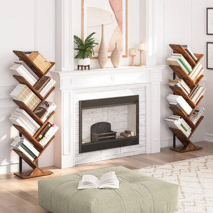 Étagère, Bibliothèque verticale à 9 niveaux, Support DVD en bois, Forme d'arbre, Cadre en métal, Convient pour salon, bureau, chambre à coucher, Marron vintage