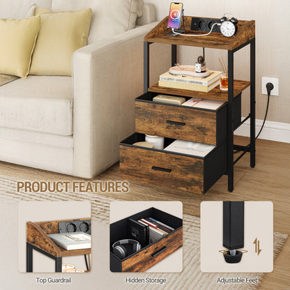 Ensemble de 2 tables de chevet, avec lumières LED et station de charge, table d'appoint avec 2 tiroirs en tissu et étagères, avec ports USB et prises, pour chambre à coucher, salon, blanc