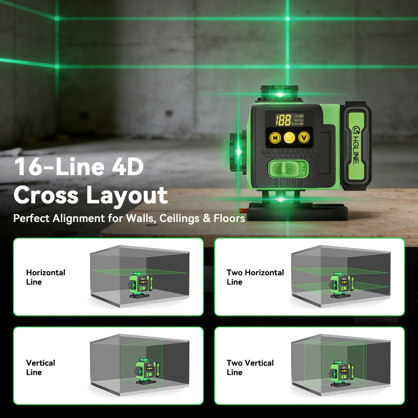 1 Ensemble Niveau Laser 16 Lignes 360 Nivellement Automatique, Outil de Niveau Laser à Ligne Croisée Verte 4X360° pour la Construction et la Suspension de Tableaux, Niveau Laser 4D avec 2 Batteries Rechargeables