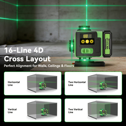 1 Ensemble Niveau Laser 16 Lignes 360 Nivellement Automatique, Outil de Niveau Laser à Ligne Croisée Verte 4X360° pour la Construction et la Suspension de Tableaux, Niveau Laser 4D avec 2 Batteries Rechargeables