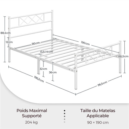 Costoffs Cadre de Lit en Métal Moderne - Structure à 6 Pieds avec Tête de Lit Design en Forme X - Sommier à Lattes Métalliques et Grand Espace de Rangement Sous-lit - Idéal pour Chambre d'Invite, Dortoir ou Appoint - Style Industriel Élégant