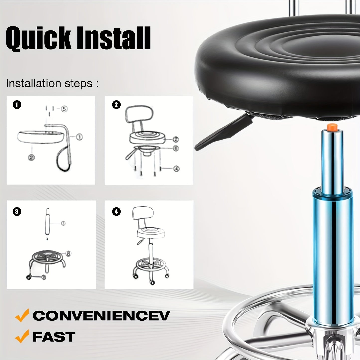 Tabouret de bar pivotant à hauteur réglable avec dossier, chaise métallique roulante hydraulique robuste de 181,44 kg pour cuisine, salon, bureau, massage et clinique