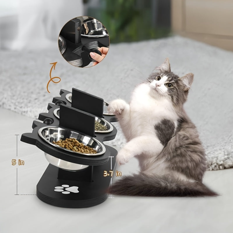 Ensemble de Gamelle surélevée pour Chat avec 4 Bols en Acier Inoxydable - Gamelle Inclinée à 15°, Hauteur Réglable avec Support Noir, Cadeau Idéal pour les Propriétaires d'Animaux