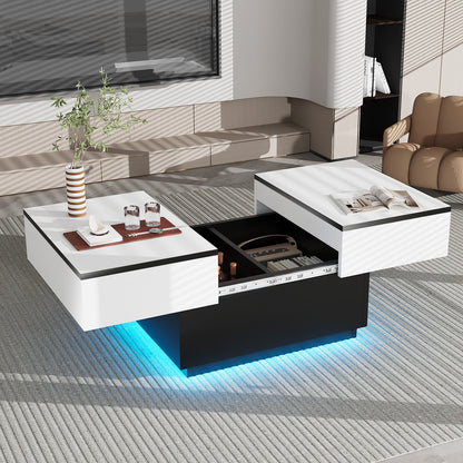 Table basse blanche, table de salon, table d'appoint avec 2 étagères de rangement, 80x58x40 cm, plateau extensible avec bande lumineuse RVB, meuble moderne pour salon, salle de conférence