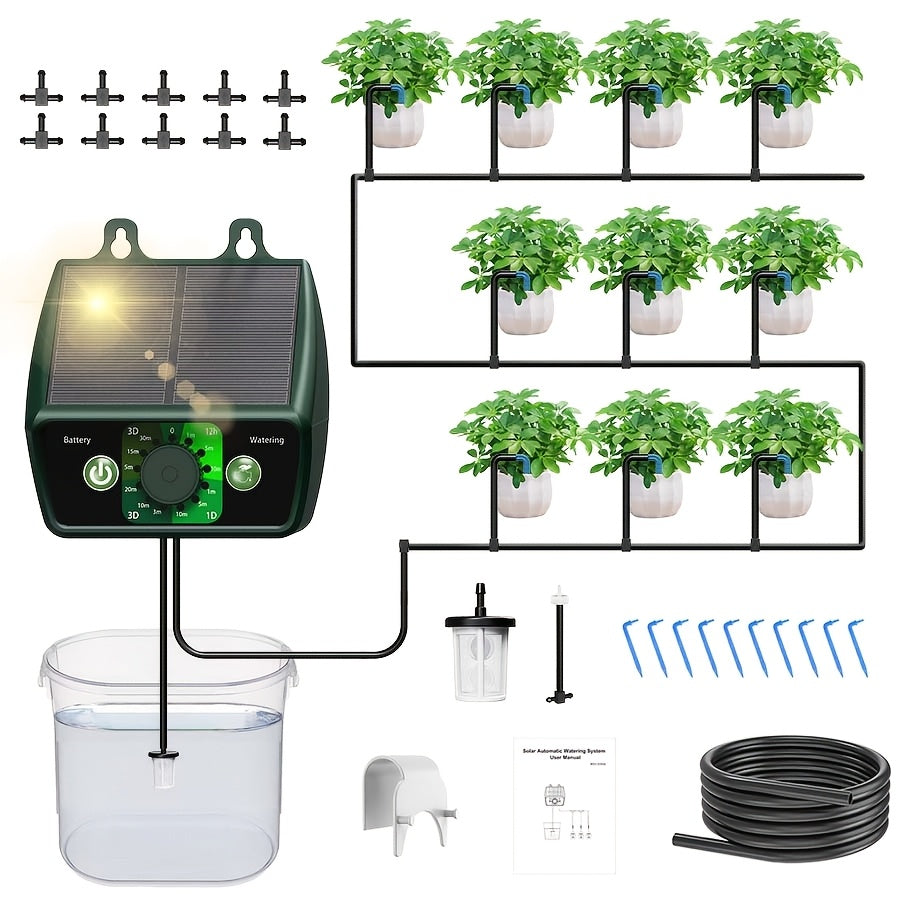 Kit pour système d'irrigation goutte à goutte automatique alimenté par énergie solaire, comprenant un équipement solaire de 1,1 W pour le jardinage extérieur et intérieur. Il comprend 12 modes de temporisation et est idéal pour les jardins, les serres et