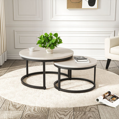 Ensemble de 2 tables gigognes rondes modernes avec cadre et plateau en placage stratifié - Gain de place, convient pour tables basses de salon, chambre, balcon, meubles rétro à assembler pour petits espaces (assemblage requis)