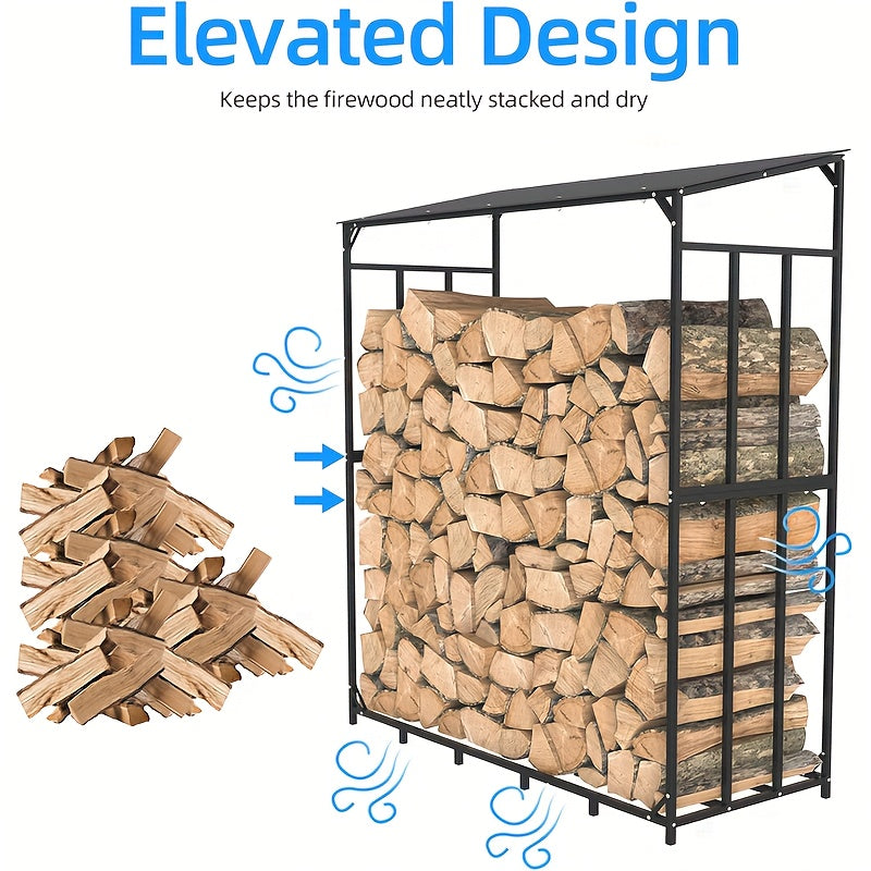 Rangement de Bois de Chauffage Extérieur avec Couvercle Supérieur - Support en Acier Tubulaire Résistant à la Rouille, Porte-Bois pour Terrasse, Patio, Jardin - Abri à Bois Robuste (61,6”x23,6”x66,3”) pour Cheminée, Poêle à Bois, Feu de Camp