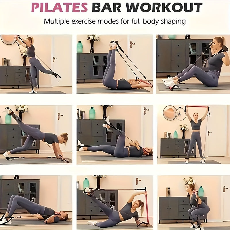 Kit de barre de Pilates multifonctionnel avec bandes de résistance - Boucle d'ajustement en métal robuste, tissu éponge, entraînement complet du corps pour salle de sport à domicile, expandeur de pédale de fitness multifonctionnel - Équipement d'entraînem