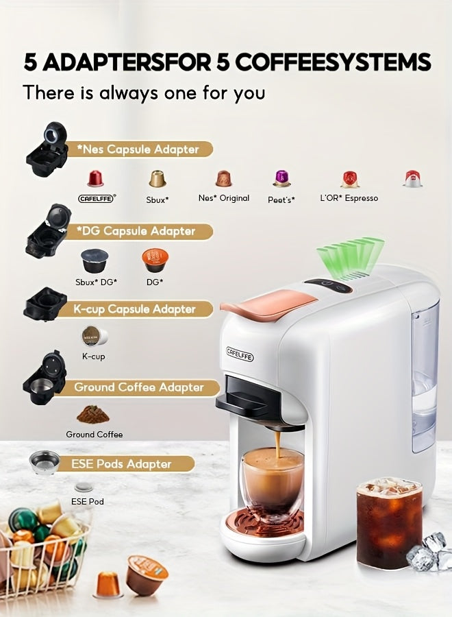 CAFELFFE Machine à café capsule 5-en-1 MK606 | Machine à expresso à infusion chaude/froide, 19 bar de pression, compatible avec les capsules Nec* Original, DG, Kcup, sacs ESE, poudre de café, réservoir d'eau de 0,6 L, économie d'énergie, facile à nettoyer