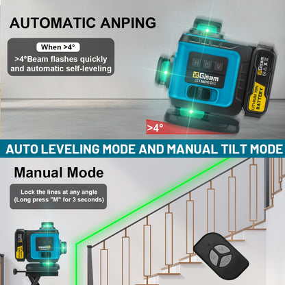 Niveau laser 4D vert Gisam 16 lignes avec trépied et contrôle par application, 4 x 360° auto-nivellement horizontal vertical croisé, outil de construction haute précision avec batterie lithium rechargeable, pour rénovation domicile et projets d'ingénierie