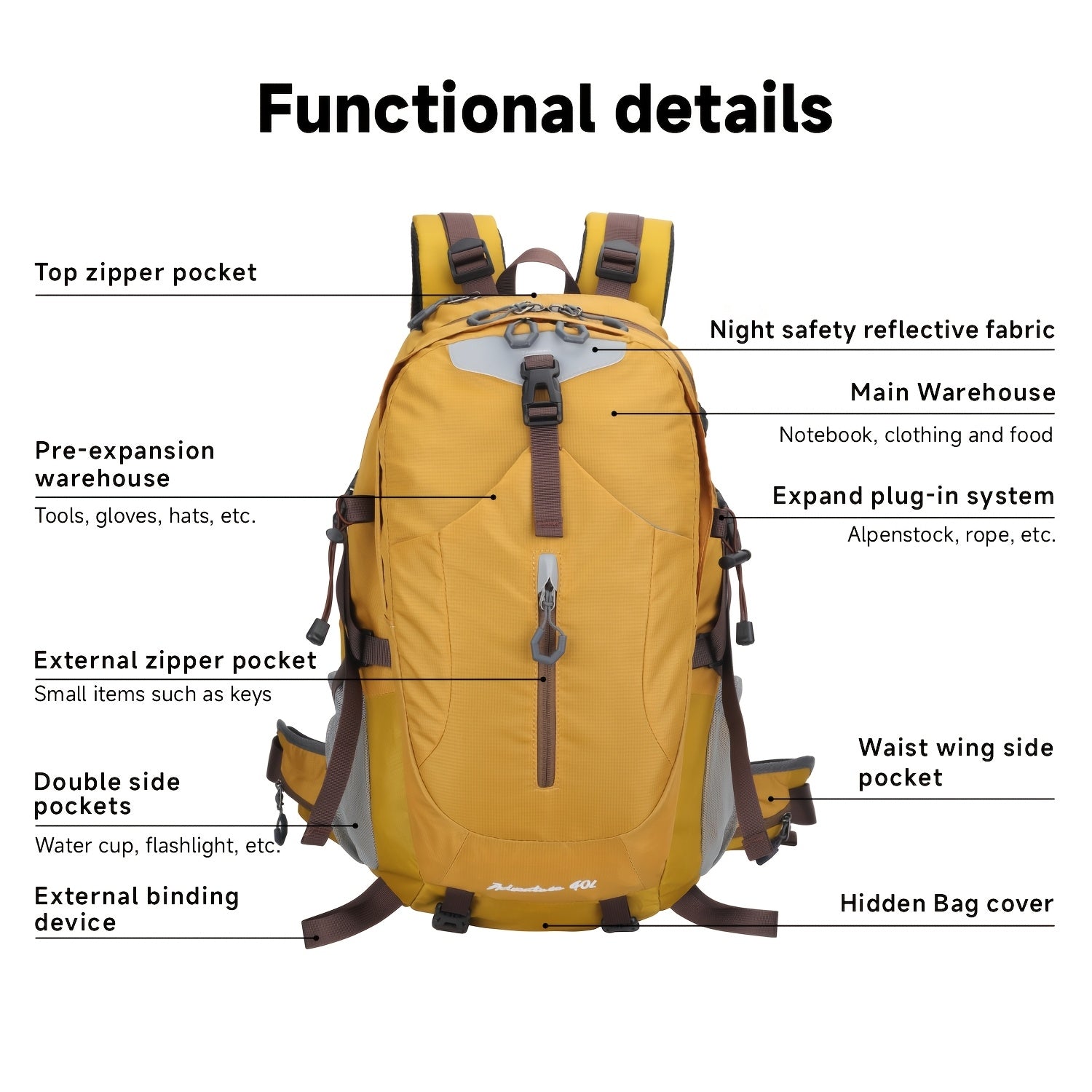 Sac à dos de randonnée léger 40L | Système de dos ergonomique ventilé et amortissant les chocs, espace de rangement multifonctionnel extensible, idéal pour les voyages, le camping, l'escalade en plein air, le travail et l'école, disponible en noir/rouge/j