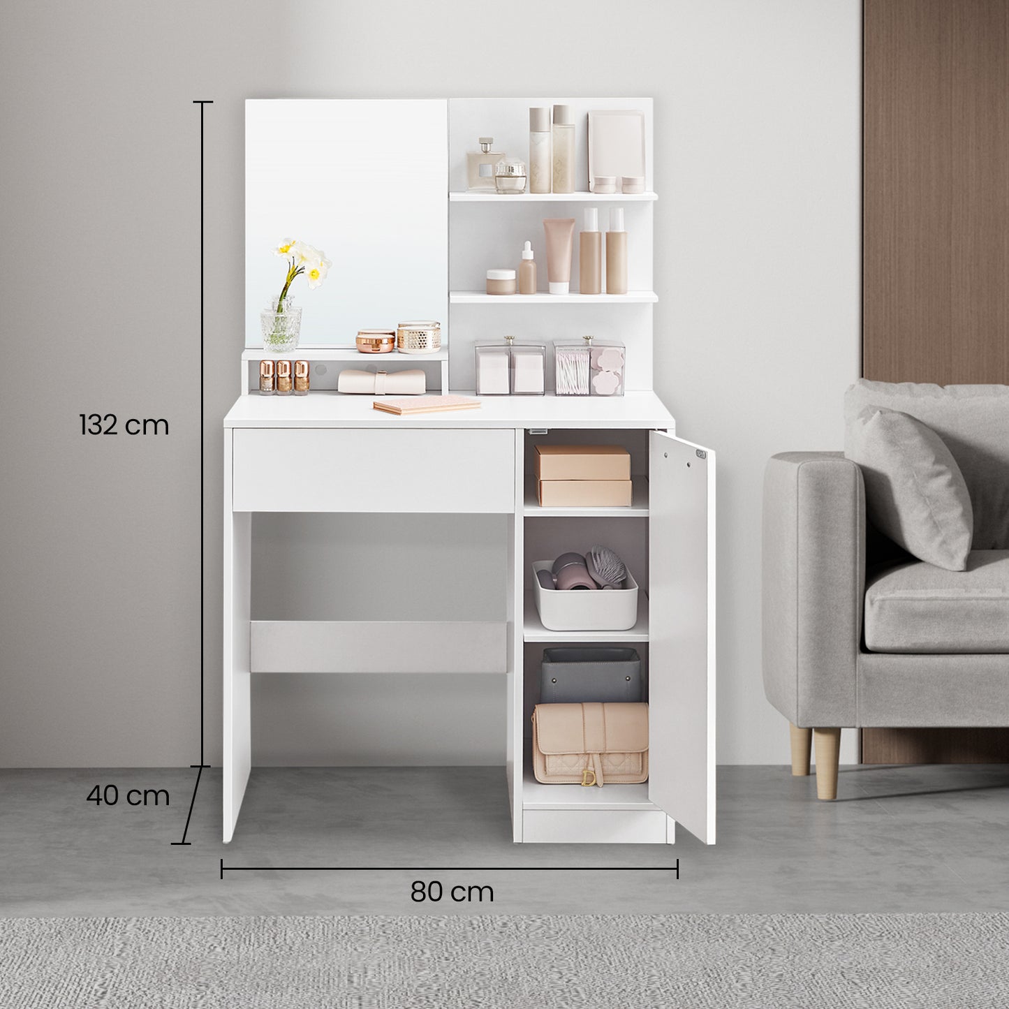 Coiffeuse avec Miroir, 1 tiroir, 2 étagères, SANS TABOURET, 80 x 40 x 132 cm, Placard de Rangement, Organisateur de Maquillage, Blanc