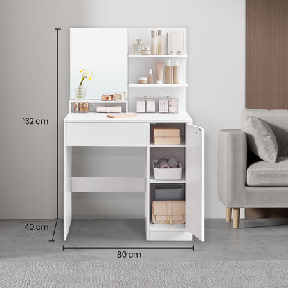 Coiffeuse avec Miroir, 1 tiroir, 2 étagères, SANS TABOURET, 80 x 40 x 132 cm, Placard de Rangement, Organisateur de Maquillage, Blanc