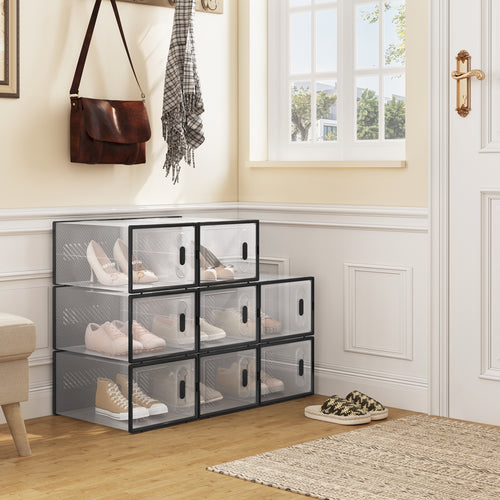 Boîte à chaussures empilable, Boîte à chaussures avec porte magnétique, Boîte en plastique pour rangement de chaussures, Organisateur de chaussures pliable pour tailles inférieures à 42, 35X19X25 Cm
