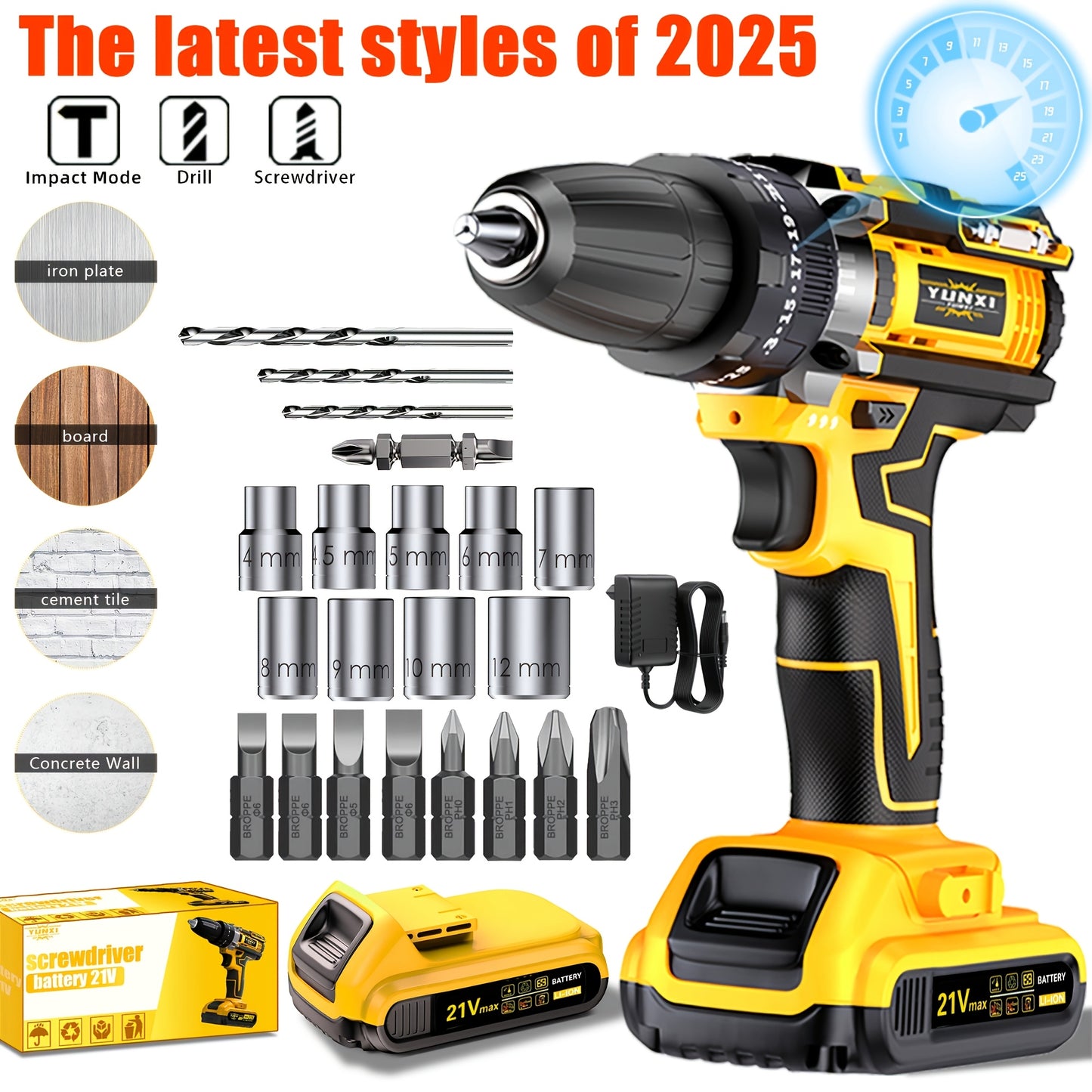 Ensemble de perceuse à lithium portative 21V, combinaisons multiples de forets pour perceuse, conception de prise ergonomique, équipé d'une fonction d'impact électrique au lithium 21V, adapté au perçage du bois et de l'acier, un outil pratique indispensab